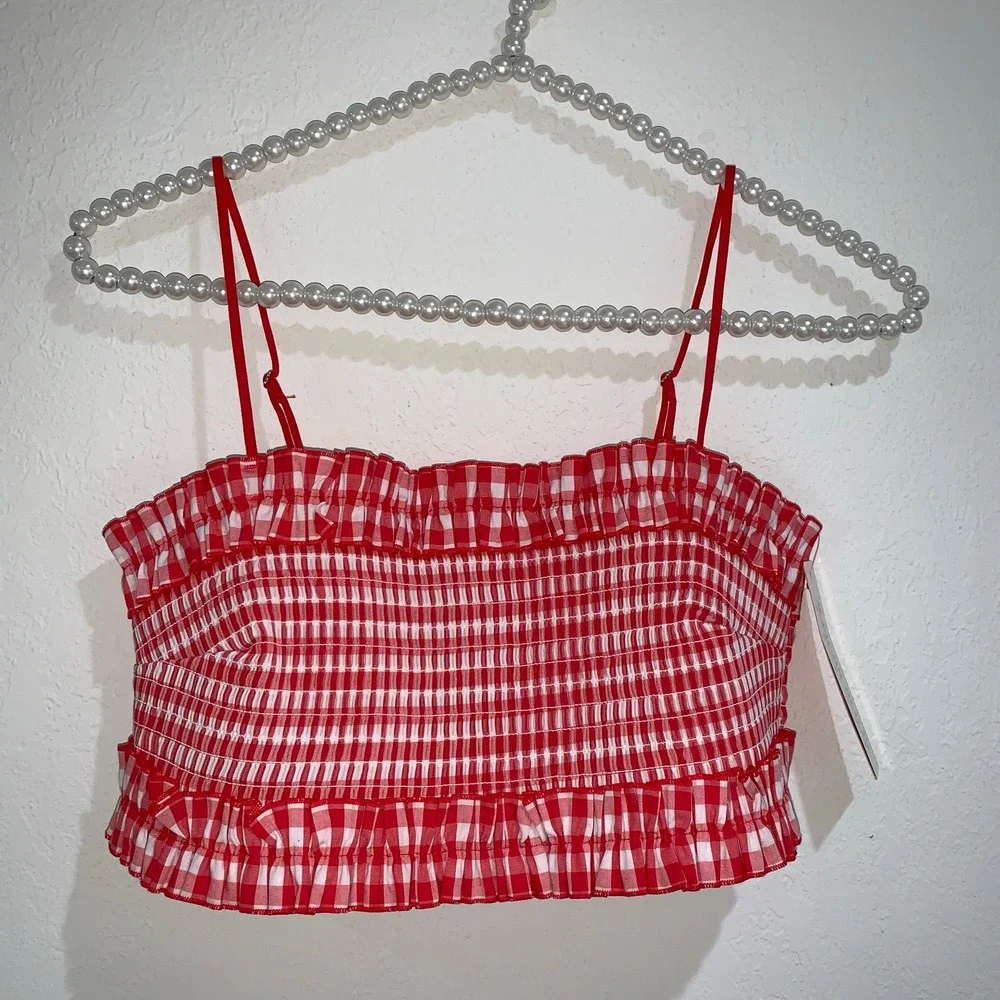 Colsie red white plaid gingham check smocked bralette size medium new cotton